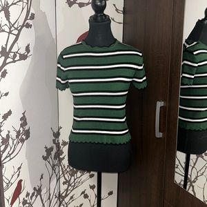 Zara Size Small Green with Black/White Stripes T-Shirt $25